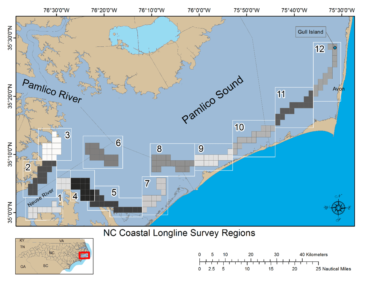 A map of the north carolina coastline with various locations.